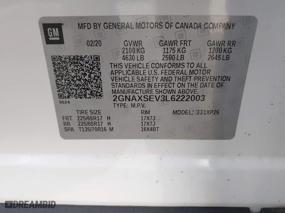 2020 Chevrolet Equinox LS with VIN 2GNAXSEV3L6222003, listed as a IAAI auction lot 41896796 with 50,882 mi miles. Bid and sale history available at carsss.com. Image 9.