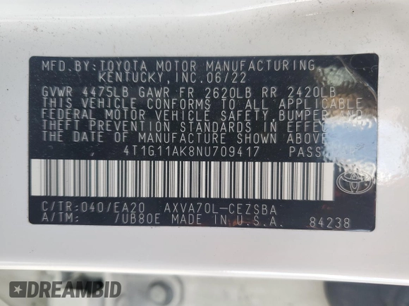 2022 Toyota Camry SE z VIN 4T1G11AK8NU709417, wystawiony jako Copart lot #57153185 z przebiegiem 20 314 mil mil oraz Szkoda całkowita • Salvage title. Historia ofert i sprzedaży dostępna na DreamBid. Obrazek 12.