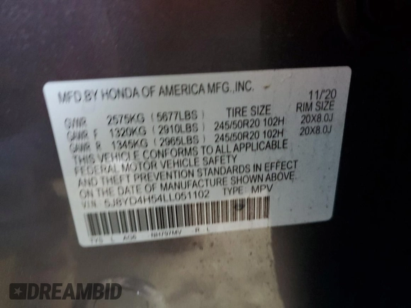 2020 Acura MDX w/Technology Pkg with VIN 5J8YD4H54LL051102, listed as a Copart auction lot 52684135 with 58,330 mi miles and Salvage Title. Bid and sale history available at carsss.com. Image 13.