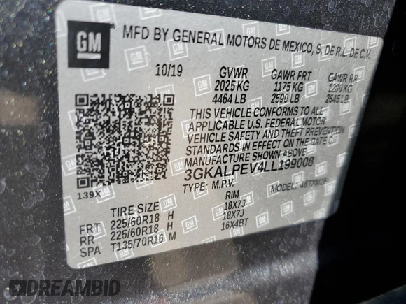 2020 GMC Terrain SLT с VIN 3GKALPEV4LL199008, выставлен на аукционе Copart как лот 58187615 с пробегом 67 446 миль миль и Списание • Salvage title. История ставок и продаж доступна на DreamBid. Изображение 13.
