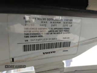 2003 Volvo S80 with VIN YV1TS91Z531313059, listed as a IAAI auction lot 41581225 with 127,946 mi miles. Bid and sale history available at carsss.com. Image 9.