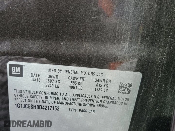 2013 Chevrolet Sonic LT with VIN 1G1JC5SH0D4217163, listed as a Copart auction lot 42626765 with 169,567 mi miles and Salvage Title. Bid and sale history available at DreamBid. Image 12.