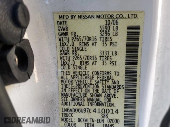 2007 Nissan Frontier SE z VIN 1N6AD06U97C410014, wystawiony jako Copart lot #46402375 z przebiegiem 172 136 mil mil oraz Szkoda całkowita • Salvage title. Historia ofert i sprzedaży dostępna na DreamBid. Obrazek 15.