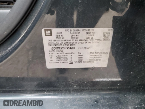 2017 Chevrolet Silverado 3500HD High Country with VIN 1GC4K1EYXHF234980, listed as a Copart auction lot 43928055 with 705,700 mi miles and Salvage title. Bid and sale history available at DreamBid. Image 14.