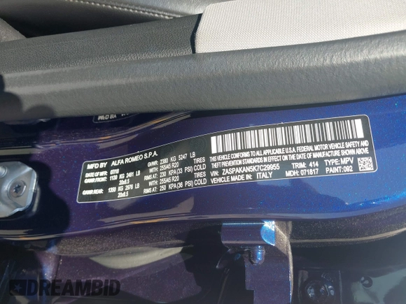 2019 Alfa Romeo Stelvio z VIN ZASPAKAN5K7C29955, wystawiony jako IAAI lot #42096049 z przebiegiem 85 935 mil mil oraz . Historia ofert i sprzedaży dostępna na DreamBid. Obrazek 9.