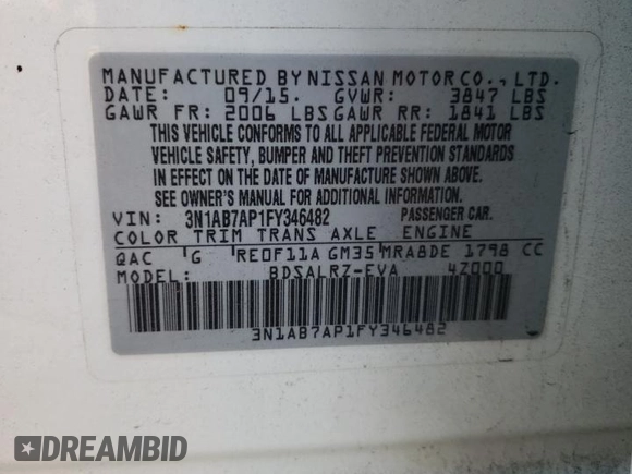 2015 Nissan Sentra SR with VIN 3N1AB7AP1FY346482, listed as a Copart auction lot 53758305 with 69,841 mi miles and Salvage Title. Bid and sale history available at DreamBid. Image 13.