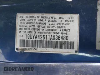 2001 Acura CL Type S with VIN 19UYA42611A036480, listed as a IAAI auction lot 41605706 with 1 mi miles. Bid and sale history available at carsss.com. Image 9.