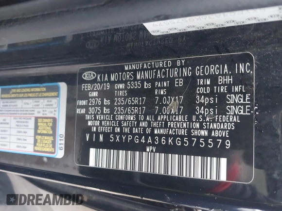 2019 Kia Sorento LX with VIN 5XYPG4A36KG575579, listed as a IAAI auction lot 41432346 with 97,562 mi miles. Bid and sale history available at carsss.com. Image 9.