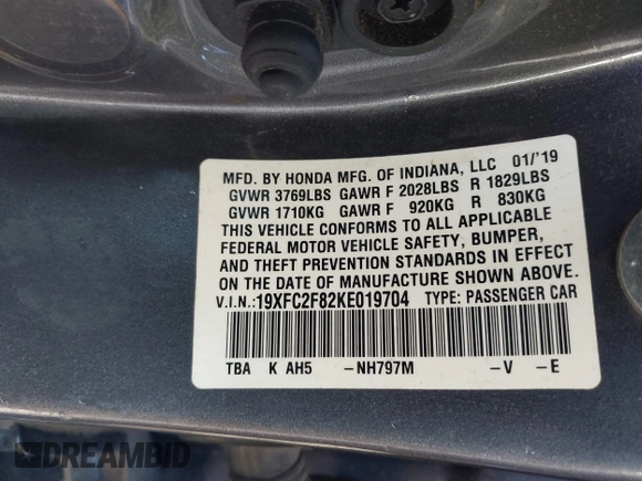 2019 Honda Civic Sport with VIN 19XFC2F82KE019704, listed as a IAAI auction lot 41770051 with 90,011 mi miles and . Bid and sale history available at DreamBid. Image 9.