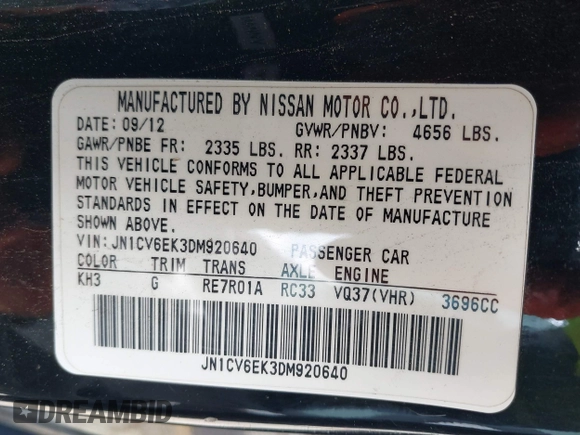 2013 Infiniti G37 IPL with VIN JN1CV6EK3DM920640, listed as a IAAI auction lot 42092727 with 206,880 mi miles. Bid and sale history available at carsss.com. Image 9.