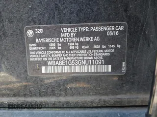 2016 BMW 3 Series 320i with VIN WBA8E1G53GNU11091, listed as a IAAI auction lot 42000088 with 112,711 mi miles and . Bid and sale history available at carsss.com. Image 9.