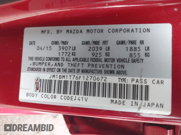 2015 Mazda 3 i SV with VIN JM1BM1T76F1270672, listed as a IAAI auction lot 41605014 with Not Provided miles. Bid and sale history available at carsss.com. Image 9.