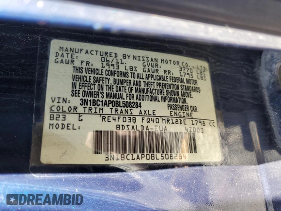 2011 Nissan Versa 1.8 S with VIN 3N1BC1AP0BL508284, listed as a Copart auction lot 50374325 with 191,879 mi miles and Salvage Title. Bid and sale history available at carsss.com. Image 13.