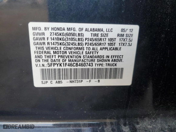 2012 Honda Ridgeline RTS with VIN 5FPYK1F46CB460743, listed as a Copart auction lot 85034884 with 162,200 mi miles and Salvage Title. Bid and sale history available at carsss.com. Image 13.