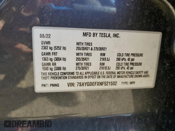 2022 Tesla Model Y Performance with VIN 7SAYGDEFXNF521502, listed as a Copart auction lot 56132745 with 73,339 mi miles and Salvage title. Bid and sale history available at DreamBid. Image 13.