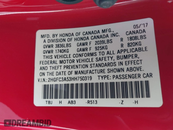 2017 Honda Civic Si with VIN 2HGFC3A53HH750319, listed as a IAAI auction lot 42051901 with 270,783 mi miles and . Bid and sale history available at DreamBid. Image 9.