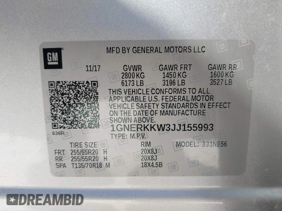2018 Chevrolet Traverse Premier with VIN 1GNERKKW3JJ155993, listed as a IAAI auction lot 41734789 with 131,155 mi miles. Bid and sale history available at carsss.com. Image 9.