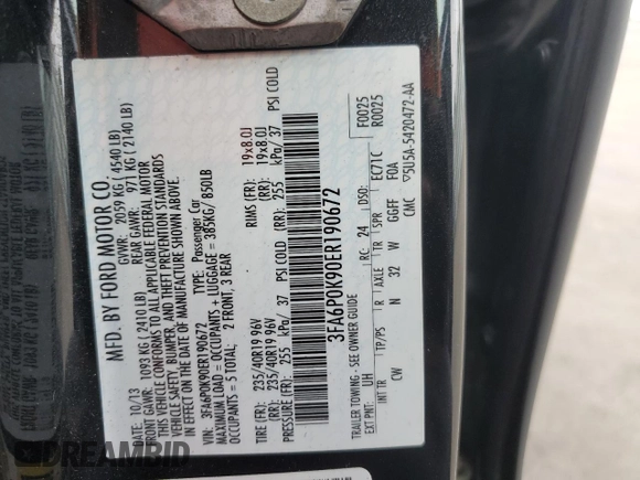 2014 Ford Fusion Titanium with VIN 3FA6P0K90ER190672, listed as a Copart auction lot 50535565 with 139,077 mi miles and Salvage Title. Bid and sale history available at DreamBid. Image 14.