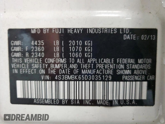 2013 Subaru Legacy Limited с VIN 4S3BMBK65D3035129, выставлен на аукционе Copart как лот 61182825 с пробегом 131 499 миль миль и Чистый • Clean title. История ставок и продаж доступна на DreamBid. Изображение 12.