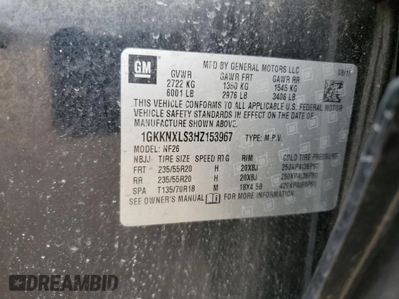 2017 GMC Acadia Denali с VIN 1GKKNXLS3HZ153967, выставлен на аукционе Copart как лот 57967135 с пробегом 95 412 миль миль и Списание • Salvage title. История ставок и продаж доступна на DreamBid. Изображение 13.