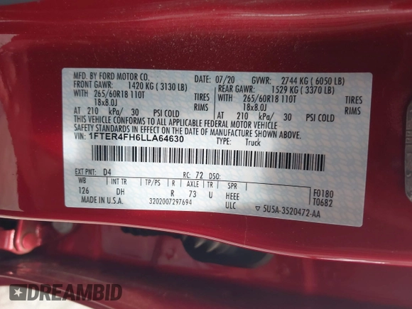 2020 Ford Ranger XL with VIN 1FTER4FH6LLA64630, listed as a IAAI auction lot 42152394 with 42,756 mi miles and . Bid and sale history available at DreamBid. Image 9.