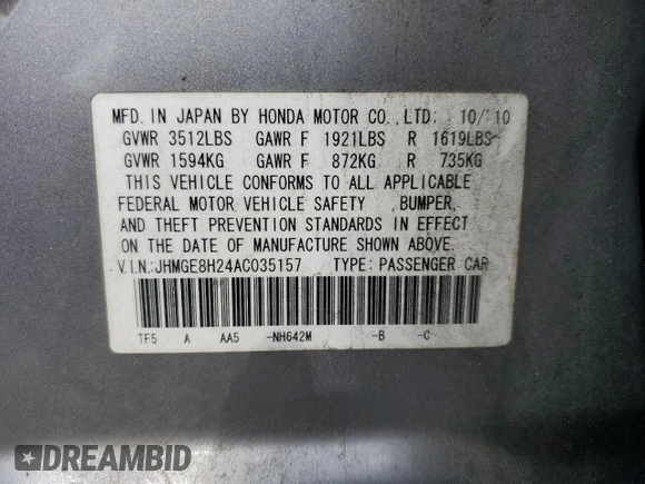 2010 Honda Fit with VIN JHMGE8H24AC035157, listed as a Copart auction lot 52826315 with 179,222 mi miles and Salvage Title. Bid and sale history available at carsss.com. Image 13.