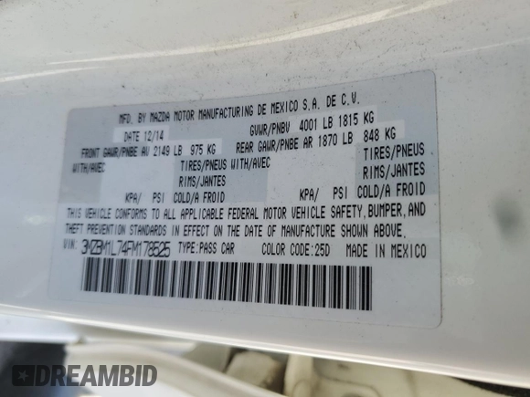 2015 Mazda 3 i Touring with VIN 3MZBM1L74FM178525, listed as a Copart auction lot 57079635 with 88,730 mi miles and Salvage title. Bid and sale history available at DreamBid. Image 12.