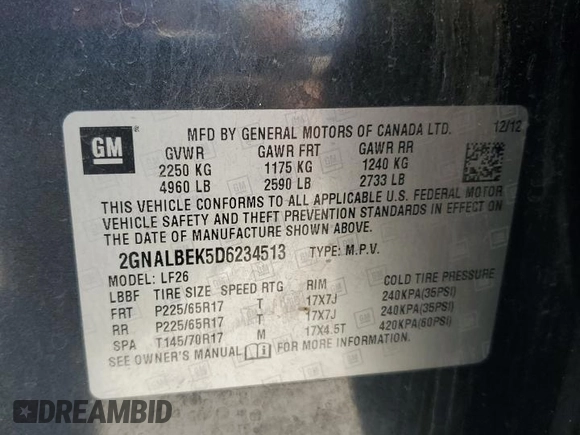 2013 Chevrolet Equinox LS z VIN 2GNALBEK5D6234513, wystawiony jako Copart lot #55753765 z przebiegiem 170 679 mil mil oraz Czysty tytuł • Clean title. Historia ofert i sprzedaży dostępna na DreamBid. Obrazek 13.