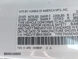 2019 Honda Accord Sport with VIN 1HGCV1F38KA156534, listed as a IAAI auction lot 42472023 with 66,752 mi miles and . Bid and sale history available at DreamBid. Image 9.