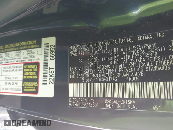 2008 Toyota Tundra z VIN 5TBBV54108S491746, wystawiony jako IAAI lot #42225719 z przebiegiem 142 589 mil mil oraz . Historia ofert i sprzedaży dostępna na DreamBid. Obrazek 9.
