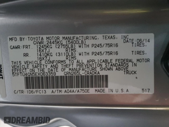 2014 Toyota Tacoma PreRunner z VIN 5TFTU4GN5EX063359, wystawiony jako Copart lot #47021535 z przebiegiem 109 192 mil mil oraz Szkoda całkowita • Salvage title. Historia ofert i sprzedaży dostępna na DreamBid. Obrazek 14.