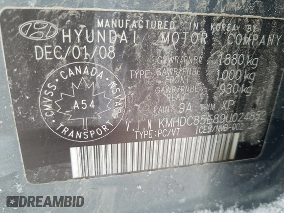 2009 Hyundai Elantra with VIN KMHDC85E89U024852, listed as a Copart auction lot 85552214 with 153,760 mi miles and Salvage title. Bid and sale history available at DreamBid. Image 12.