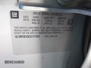 2012 Chevrolet Volt with VIN 1G1RF6E43CU121650, listed as a IAAI auction lot 41915221 with Not Provided miles and . Bid and sale history available at carsss.com. Image 9.