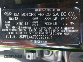 2018 Kia Forte LX with VIN 3KPFL4A79JE262984, listed as a IAAI auction lot 41518365 with 119,189 mi miles and . Bid and sale history available at carsss.com. Image 9.