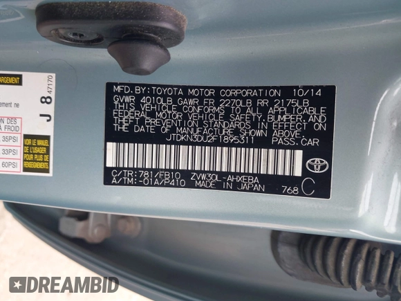 2015 Toyota Prius Four with VIN JTDKN3DU2F1895311, listed as a IAAI auction lot 42525427 with 80,944 mi miles and . Bid and sale history available at DreamBid. Image 9.