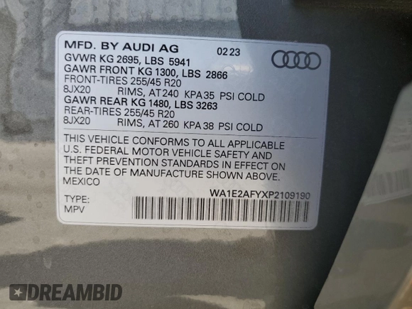 2023 Audi Q5 S line Premium Plus with VIN WA1E2AFYXP2109190, listed as a Copart auction lot 58004343 with 3,338 mi miles and . Bid and sale history available at DreamBid. Image 12.