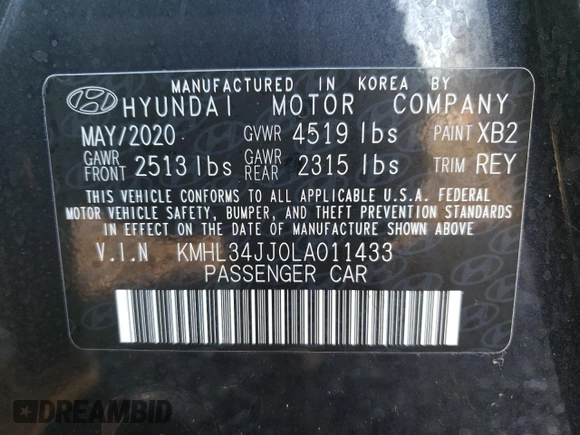 2020 Hyundai Sonata Hybrid Ultimate with VIN KMHL34JJ0LA011433, listed as a Copart auction lot 76461464 with 27,479 mi miles and Salvage Title. Bid and sale history available at carsss.com. Image 12.