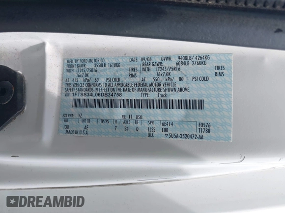 2006 Ford Econoline Cargo with VIN 1FTSS34L06DB34758, listed as a IAAI auction lot 42610913 with 108,041 mi miles and . Bid and sale history available at DreamBid. Image 8.
