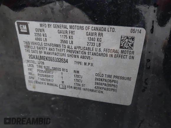 2014 GMC Terrain SLE with VIN 2GKALMEK0E6332634, listed as a IAAI auction lot 41782072 with 193,352 mi miles. Bid and sale history available at carsss.com. Image 9.