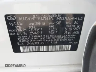 2017 Hyundai Santa Fe 2.4L with VIN 5NMZTDLB5HH018198, listed as a IAAI auction lot 42523632 with 144,883 mi miles and . Bid and sale history available at DreamBid. Image 9.
