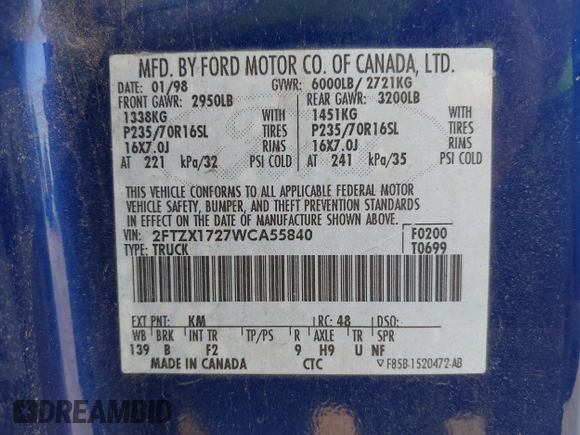 1998 Ford F-150 z VIN 2FTZX1727WCA55840, wystawiony jako IAAI lot #42437567 z przebiegiem 173 975 mil mil oraz . Historia ofert i sprzedaży dostępna na DreamBid. Obrazek 9.