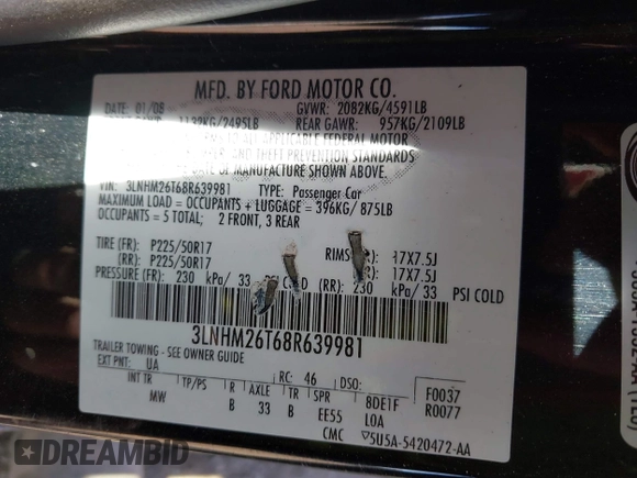 2008 Lincoln MKZ with VIN 3LNHM26T68R639981, listed as a IAAI auction lot 42098885 with 165,109 mi miles and . Bid and sale history available at DreamBid. Image 9.