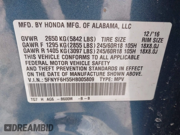 2017 Honda Pilot EX-L with VIN 5FNYF6H55HB005809, listed as a IAAI auction lot 41588106 with 110,197 mi miles and . Bid and sale history available at DreamBid. Image 9.