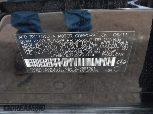 2011 Lexus ES 330 with VIN JTHBK1EG7B2451074, listed as a IAAI auction lot 42366590 with 155,310 mi miles and . Bid and sale history available at DreamBid. Image 9.