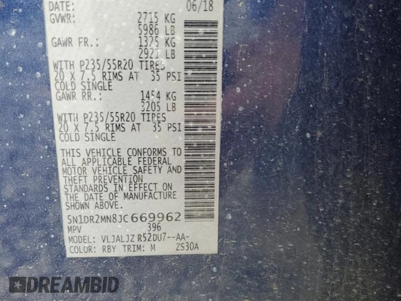 2018 Nissan Pathfinder Platinum z VIN 5N1DR2MN8JC669962, wystawiony jako Copart lot #56760475 z przebiegiem Nie podano mil oraz Szkoda całkowita • Salvage title. Historia ofert i sprzedaży dostępna na DreamBid. Obrazek 13.