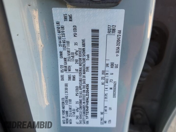 2022 Ford Ranger XL with VIN 1FTER4FH8NLD26456, listed as a Copart auction lot 48603115 with 104,805 mi miles and Salvage Title. Bid and sale history available at DreamBid. Image 13.