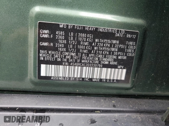 2013 Subaru Outback 2.5i with VIN 4S4BRCAC2D3230700, listed as a Copart auction lot 61360395 with 117,678 mi miles and Salvage title. Bid and sale history available at DreamBid. Image 12.