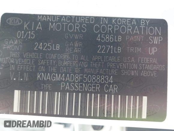 2015 Kia Optima Hybrid with VIN KNAGM4AD8F5088834, listed as a IAAI auction lot 42078516 with 150,069 mi miles. Bid and sale history available at carsss.com. Image 9.