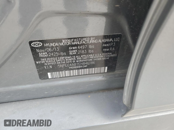 2014 Hyundai Sonata Limited with VIN 5NPEC4AB7EH846186, listed as a Copart auction lot 53352775 with 148,165 mi miles and Clean Title. Bid and sale history available at DreamBid. Image 12.