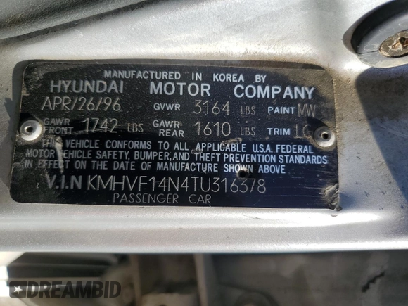 1996 Hyundai Accent с VIN KMHVF14N4TU316378, выставлен на аукционе Copart как лот 88981945 с пробегом 128 650 миль миль и Чистый • Clean title. История ставок и продаж доступна на DreamBid. Изображение 12.